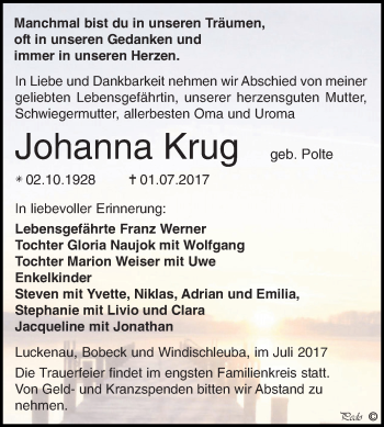 Traueranzeige von Johanna Krug von Super Sonntag Zeitz