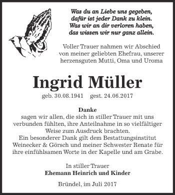 Traueranzeige von Ingrid Müller von Super Sonntag Bernburg