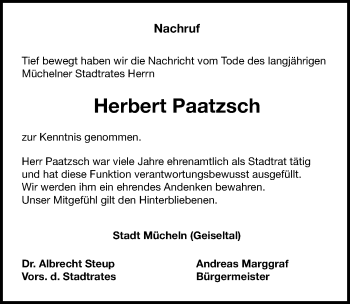 Traueranzeige von Herbert Paatzsch von Mitteldeutsche Zeitung Merseburg/Querfurt