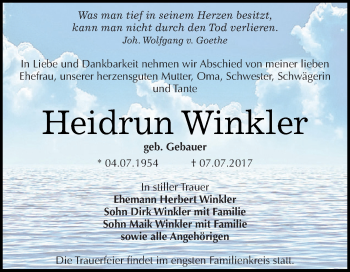 Traueranzeige von Heidrun Winkler von Super Sonntag SGH Mansf. Land