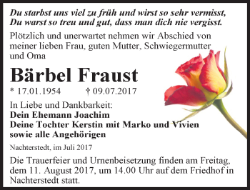 Traueranzeige von Bärbel Fraust von Mitteldeutsche Zeitung Aschersleben
