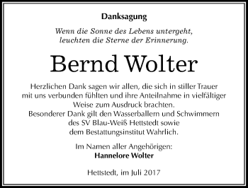 Traueranzeige von Bernd Wolter von Mitteldeutsche Zeitung Mansfelder Land