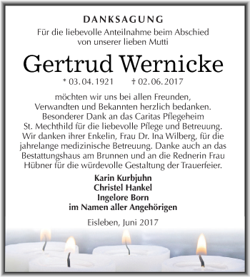 Traueranzeige von Gertrud Wernicke von Super Sonntag SGH Mansf. Land