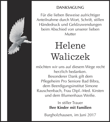 Traueranzeige von Helene Waliczek von WVG - Wochenspiegel NMB / WSF / ZTZ