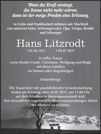 Traueranzeige von Hans Litzrodt von WVG - Wochenspiegel NMB / WSF / ZTZ