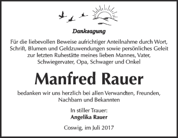 Traueranzeige von Manfred Rauer von Super Sonntag Wittenberg