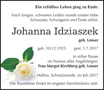 Traueranzeige von Johanna Idziaszek von Mitteldeutsche Zeitung Mansfelder Land