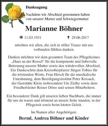 Traueranzeige von Marianne Böhner von WVG - Wochenspiegel Dessau / Köthen