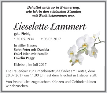 Traueranzeige von Lieselotte Lammert von Mitteldeutsche Zeitung Mansfelder Land