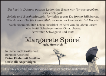 Traueranzeige von Margarete Spörel von Mitteldeutsche Zeitung Bitterfeld