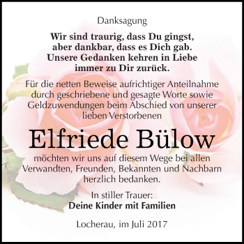 Traueranzeige von Elfriede Bülow von WVG - Wochenspiegel Dessau / Köthen