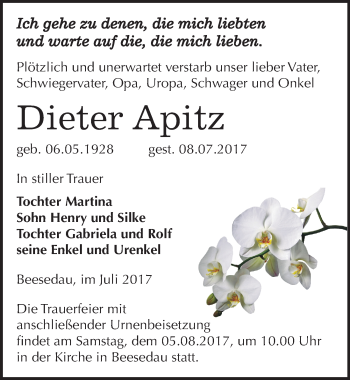 Traueranzeige von Dieter Apitz von Mitteldeutsche Zeitung Bernburg