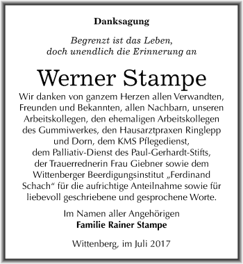 Traueranzeige von Werner Stampe von Mitteldeutsche Zeitung Wittenberg