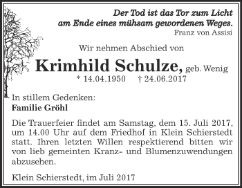Traueranzeige von Krimhild Schulze von Super Sonntag Aschersleben