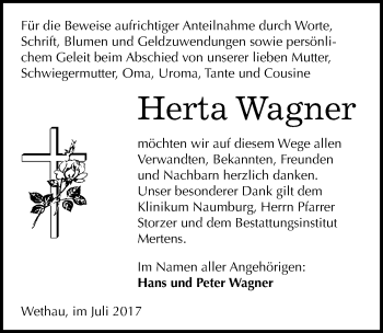 Traueranzeige von Herta Wagner von Mitteldeutsche Zeitung Naumburg/Nebra