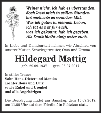 Traueranzeige von Hildegard Mattig von Super Sonntag Bernburg