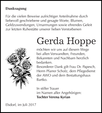 Traueranzeige von Gerda Hoppe von WVG - Wochenspiegel Dessau / Köthen