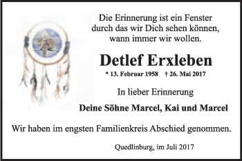 Traueranzeige von Detlef Erxleben von WVG - Wochenspiegel Quedlinburg