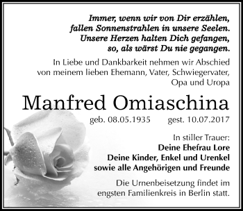 Traueranzeige von Manfred Omiaschina von Mitteldeutsche Zeitung Merseburg/Querfurt