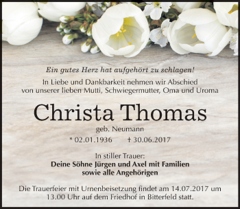 Traueranzeige von Christa Thomas von Mitteldeutsche Zeitung Bitterfeld