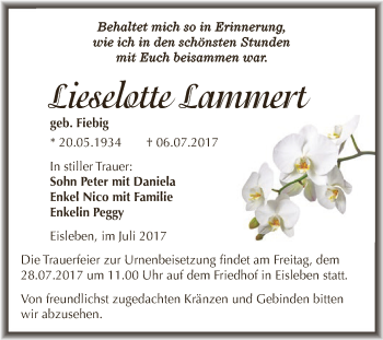 Traueranzeige von Lieselotte Lammert von Wochenspiegel Mansfelder Land