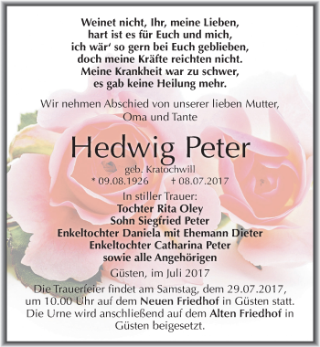 Traueranzeige von Hedwig Peter von Mitteldeutsche Zeitung Bernburg