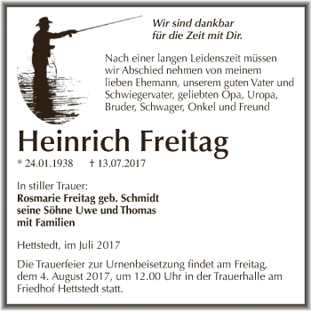 Traueranzeige von Heinrich Freitag von Wochenspiegel Mansfelder Land