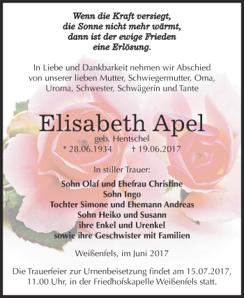 Traueranzeige von Elisabeth Apel von WVG - Wochenspiegel NMB / WSF / ZTZ