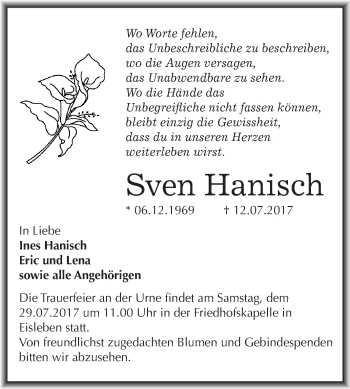 Traueranzeige von Sven Hanisch von Wochenspiegel Mansfelder Land