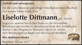 Traueranzeige von Liselotte Dittmann von Wochenspiegel Mansfelder Land