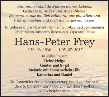 Traueranzeige von Hans-Peter Frey von WVG - Wochenspiegel Merseburg