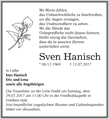 Traueranzeige von Sven Hanisch von Mitteldeutsche Zeitung Mansfelder Land