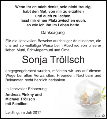 Traueranzeige von Sonja Tröllsch von WVG - Wochenspiegel NMB / WSF / ZTZ