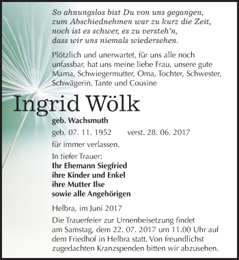 Traueranzeige von Ingrid Wölk von Mitteldeutsche Zeitung Mansfelder Land