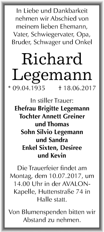 Traueranzeige von Richard Legemann von Mitteldeutsche Zeitung Halle/Saalkreis