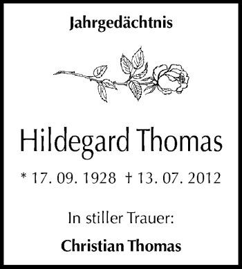 Traueranzeige von Hildegard Thomas von Mitteldeutsche Zeitung Naumburg/Nebra