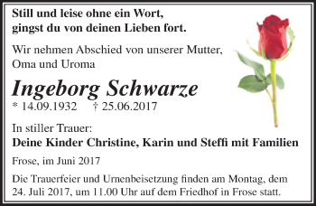Traueranzeige von Ingeborg Schwarze von Mitteldeutsche Zeitung Aschersleben