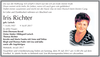 Traueranzeige von Iris Richter von Mitteldeutsche Zeitung Mansfelder Land