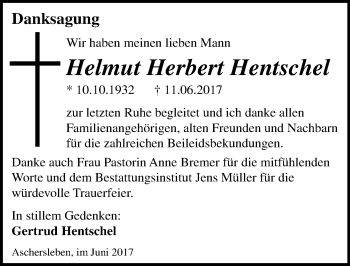 Traueranzeige von Helmut Herbert Hentschel von Mitteldeutsche Zeitung Aschersleben