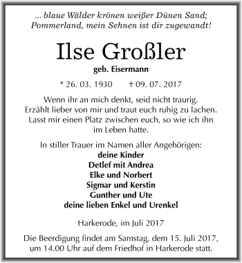 Traueranzeige von Ilse Großler von Mitteldeutsche Zeitung Mansfelder Land