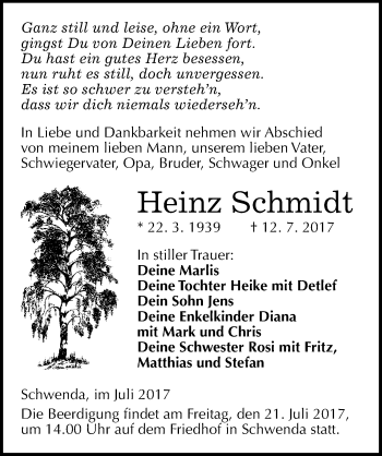Traueranzeige von Heinz Schmidt von Mitteldeutsche Zeitung Sangerhausen