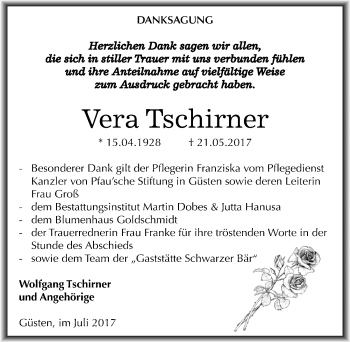 Traueranzeige von Vera Tschirner von Mitteldeutsche Zeitung Bernburg