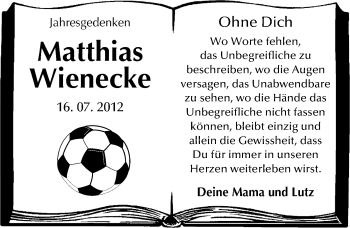 Traueranzeige von Matthias Wienecke von Mitteldeutsche Zeitung Köthen