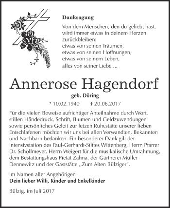 Traueranzeige von Annerose Hagendorf von Super Sonntag Wittenberg