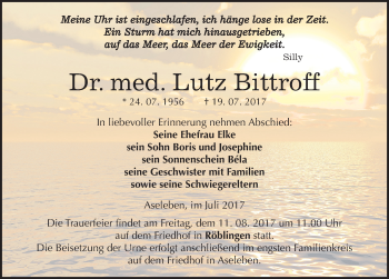 Traueranzeige von Lutz Bittroff von Mitteldeutsche Zeitung Mansfelder Land