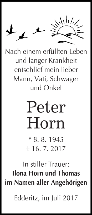Traueranzeige von Peter Horn von WVG - Wochenspiegel Dessau / Köthen
