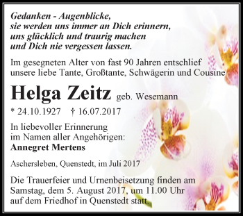 Traueranzeige von Helga Zeitz von Super Sonntag Aschersleben