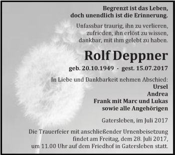 Traueranzeige von Rolf Deppner von Super Sonntag Aschersleben