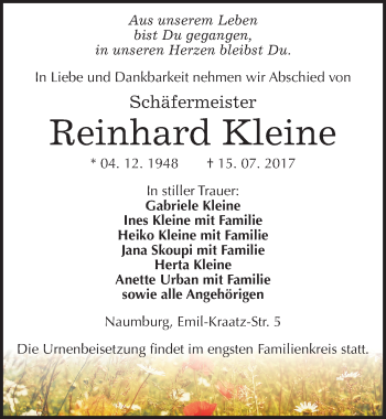 Traueranzeige von Reinhard Kleine von Mitteldeutsche Zeitung Naumburg/Nebra