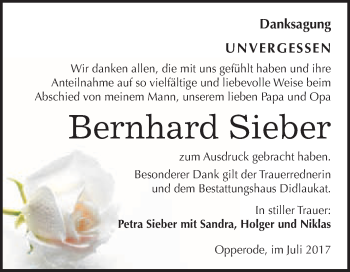 Traueranzeige von Bernhard Sieber von WVG - Wochenspiegel Quedlinburg